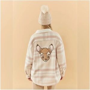 Disney x Forever 21 Cream and Pink Sherpa Bambi Flannel Jacket Sz S.